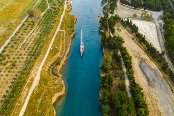 Ship passing through corinth canal in greece