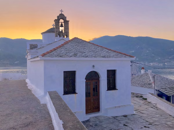 White washed church skopelos greece