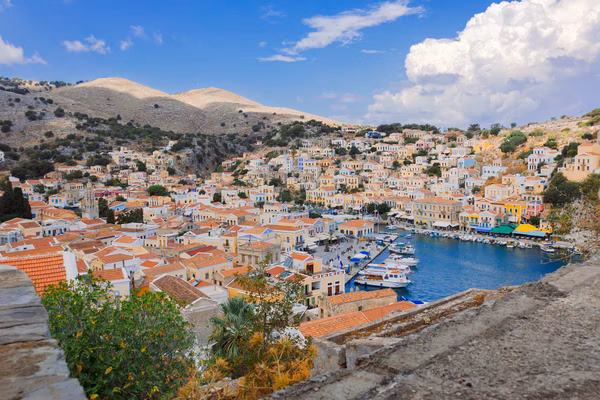 Panoramic view aerial skyline of small haven