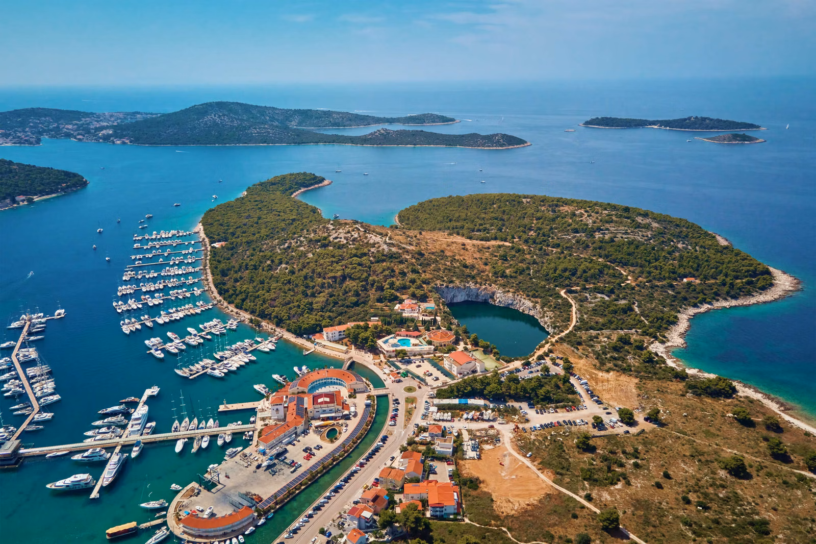Alonissos: Aerial view of marina frapa and dragon eye lake