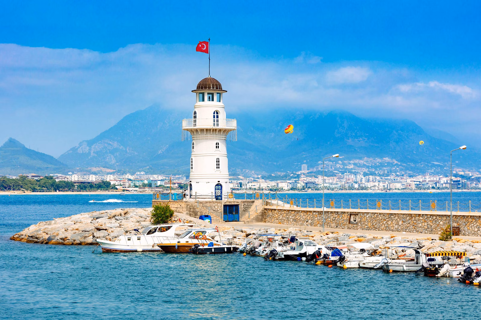 Panoramic view of old lighthouse in alanya port